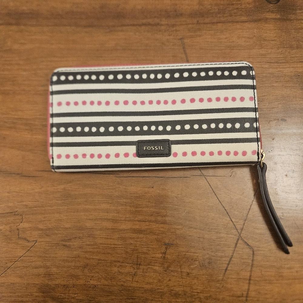 Fossil Eliza Clutch Pink Dots Striped‎ Zipper Accordion Wallet Black Interior